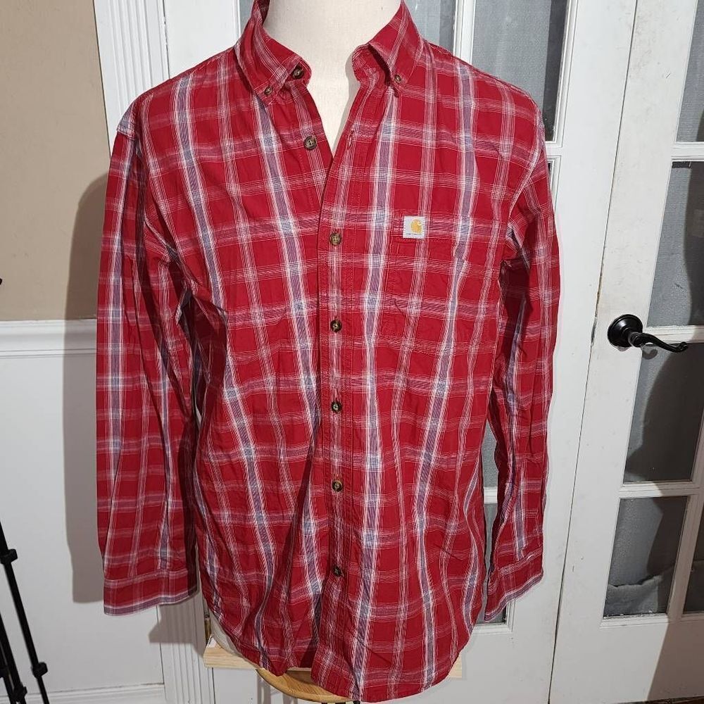 Carhartt Mens‎ Red Essential Plaid Long Sleeve Button Down Shirt Large